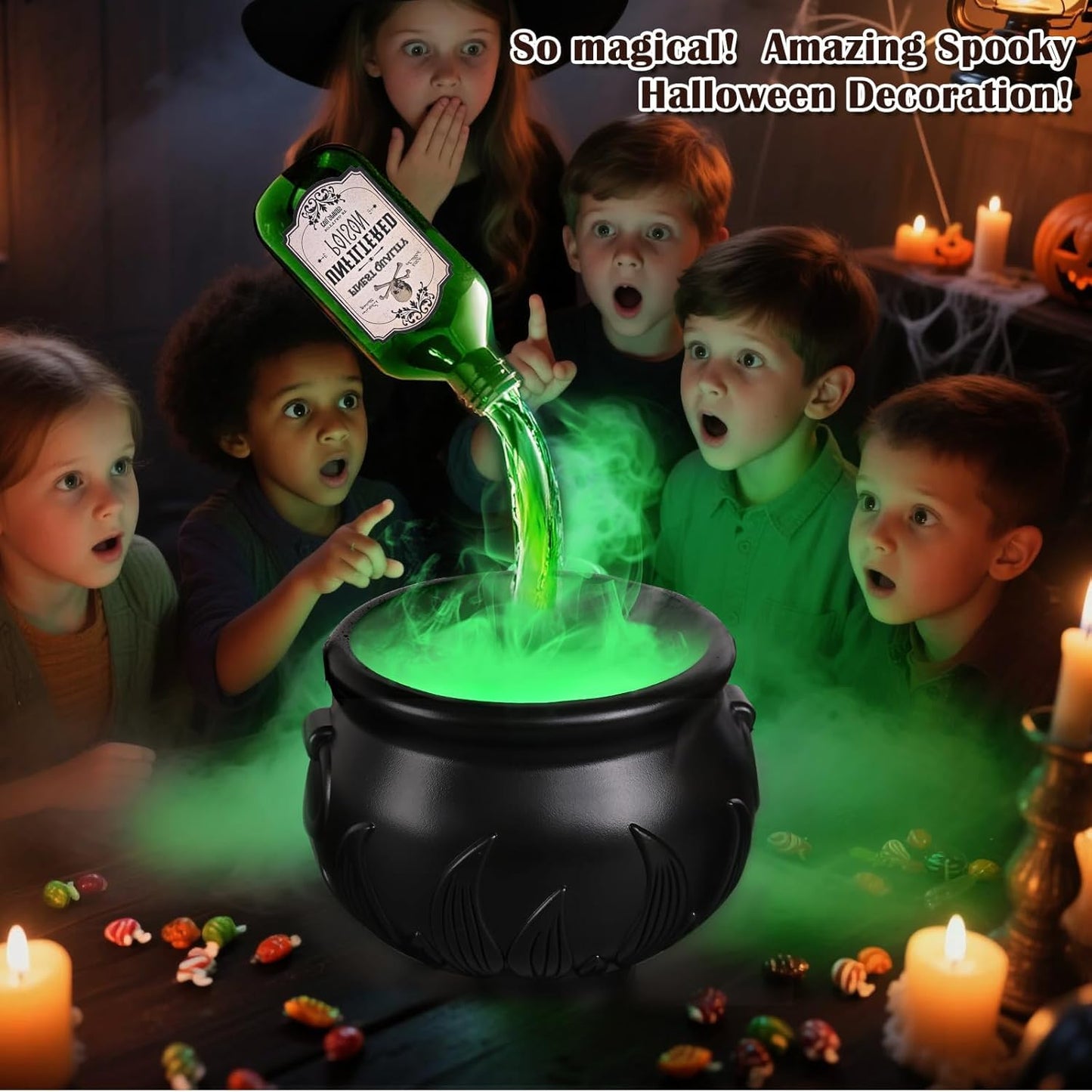 Halloween Decorations Indoor, Cauldron Halloween Decor with Magic Floating Potion Bottles and Diffuser - Black Witches Bowl Hocus Pocus Party Decoration for Spooky Home Kitchen Table (10in/25cm)