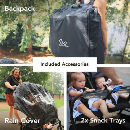 Strolee Lightweight Double Side by Side Stroller - 22 Lbs, 9.5" Compact Fold, Twin Nap Ready Seating, No Rethread Harness, Magnetic Buckle & Ultra Plush Seat 60Lb Max Per Seat- (v2 Black)