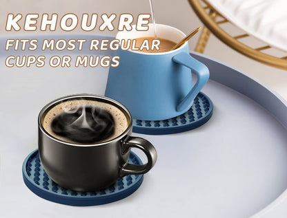 KEHOUXRE Coasters for Drinks 6 Pcs Drink Coaster with Holder,Heat Resistant Silicone Cup Mat Tabletop Protection,Non-Slip Rubber Coasters for Kinds of Cups (Blue)