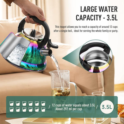 Weftnom Tea Kettle, Kettle 3.7QT, Tea Pot Whistling 316 Stainless Steel, Tea Kettle Stovetop with Cool Folding Handle, Kettle Teapot Rainbow Induction for Boiling Water, Mirror Finish