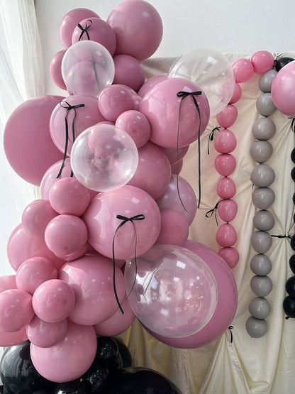 Mythlty 160pcs Pink and Black Balloons Arch Kit with Bows in Different Sizes 5" 10" 12" 18", Stuffed Ballons Pink Grey Balloons for Birthday Baby Shower Bat Mitzvah Bachelorette Parties Decorations