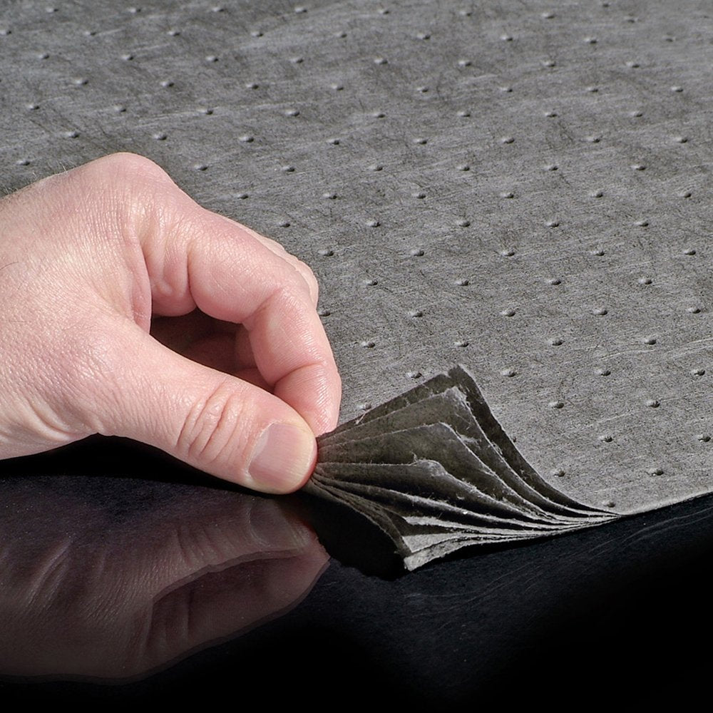 PIG Absorbent Mat Pad in Dispenser Box, 22 oz Absorbency Per Pad, Mediumweight, Absorbs Oils, Coolants, Solvents & Water, (100) 20" x 15" Gray Pads Per Box, MAT154