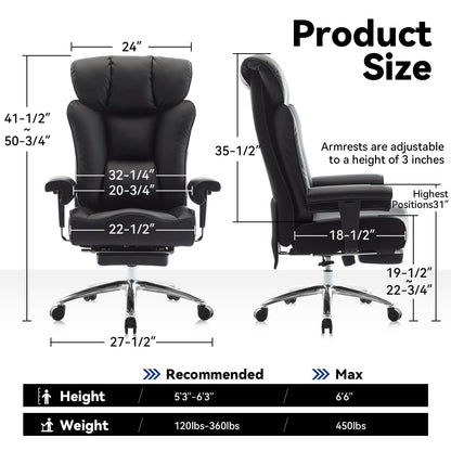 Efomao Big and Tall Office Chair with Footrest, 450lbs High Back Executive Chair with Spring Cushion, PU Leather Upholstery, Padded Armrests, Swivel Base, and Rolling Wheels – Black Computer Chair