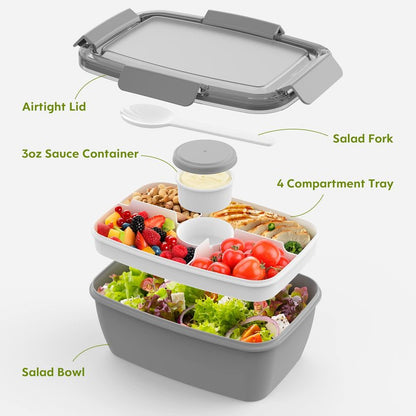 Cherrysea 2Pack Salad Lunch Container, 68oz Salad Bowls with 4 Compartments Tray,Leak Proof Lunch Box with Fork for Men,Women BPA-Free Snack Container with Sauce Container for Dressings-Grey