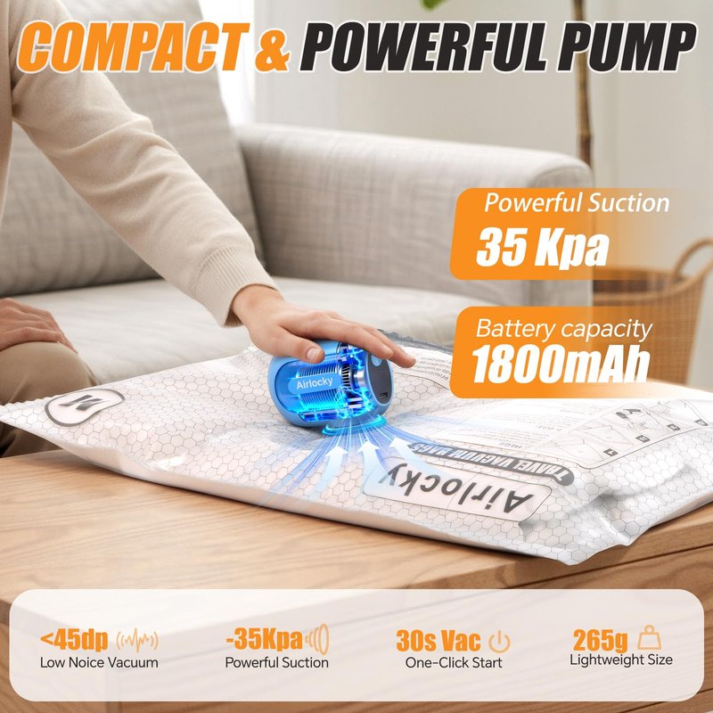 Airlocky Travel Vacuum Storage Bags with Pump, 12 Pack Carry-on Compression Packing Bags + Portable Electric Pump, 80% Space Saver of Clothes, Vacuum Seal Bags for Clothing Travel Luggage