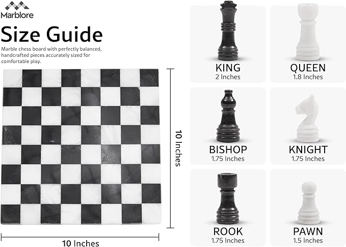 Marble Chess Set 10 Black &amp White Chess Games with 32 Chess Pieces &amp 2 Extra Queens for Beginner Board Games Valentine’s Day Game Nights