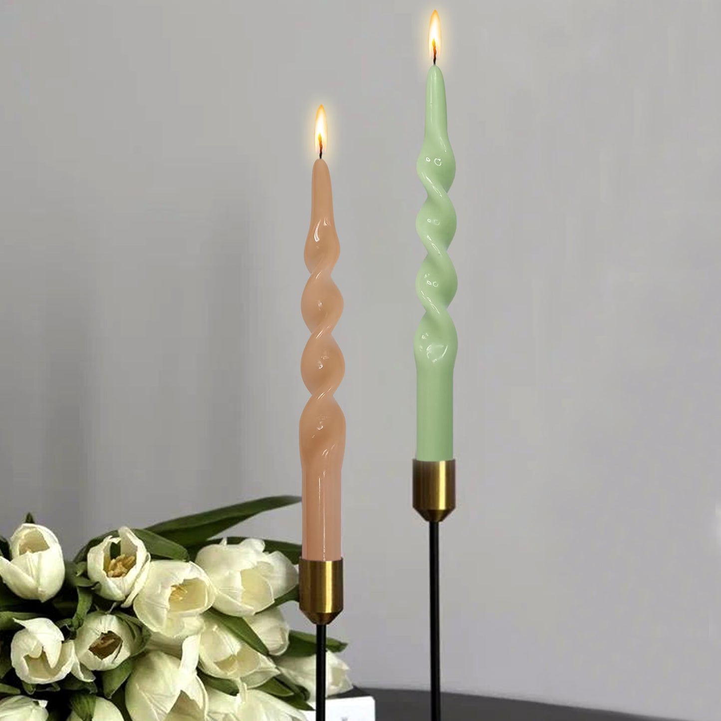 XINAOBAOLUO Spiral Taper Candles Twisted Candlestick 10 Inch Tall Candle Stick Smokeless Wax Candle Unscented Long Candles for Home Decoration Holiday Wedding Party, Brown & Green