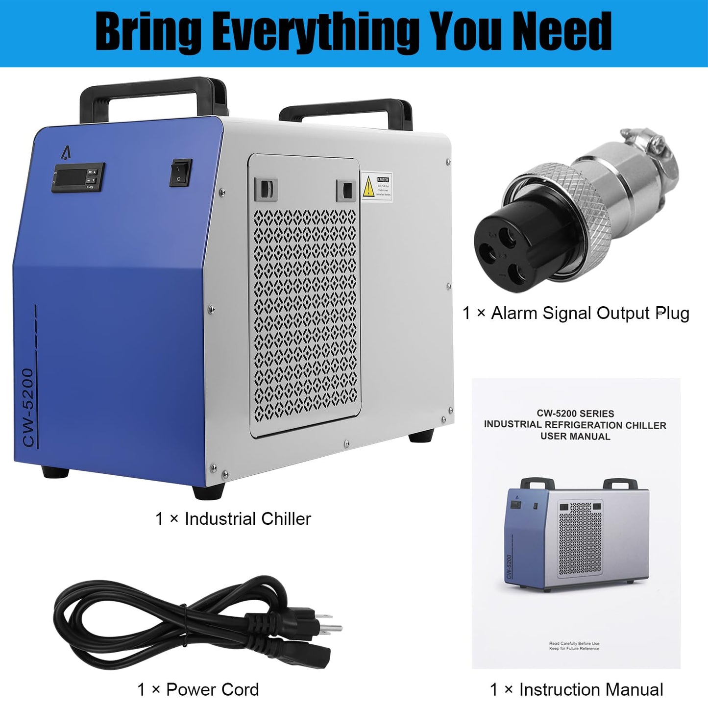 6L Industrial Water Chiller CW-5200, 0.9HP 2.6gpm Water Cooling System for 50W-150W, CO2 Laser Engraving & Cutting Machines, Cools 5200 BTU/Hour