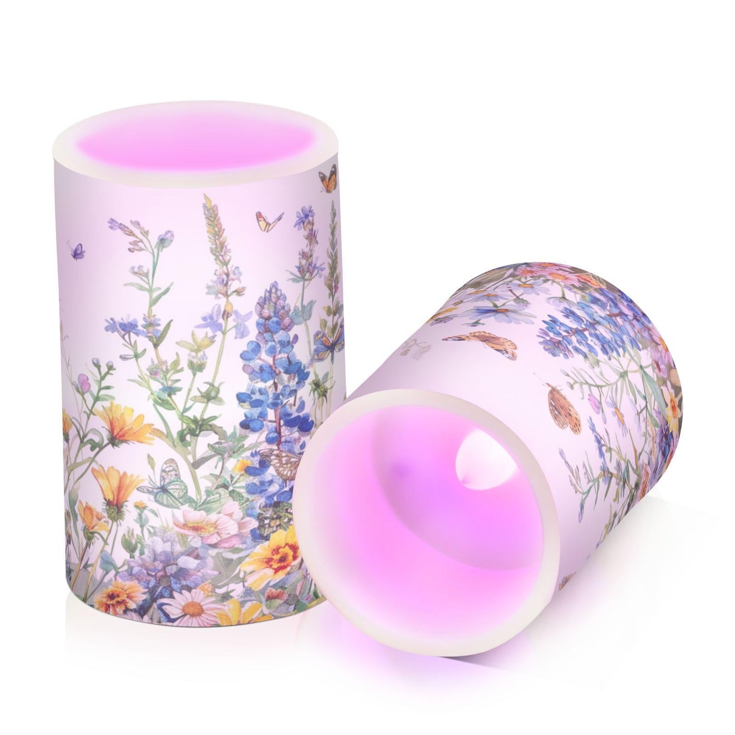Flower Lights Flameless Candles Watercolor Wildflowers Spring Pillar Candles Set of 2 Battery Operated Remote Control Warm Lights Home Decor