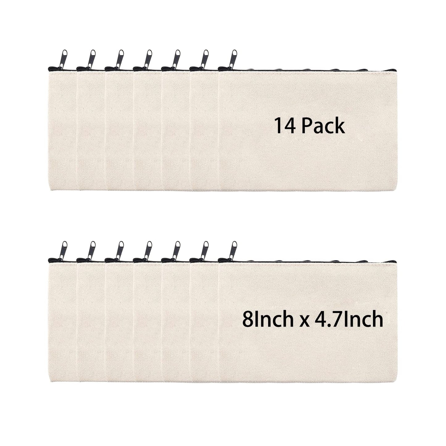pabues 14 Pieces 8 x 4.7 Inch Blank Craft DIY Canvas Pen Pencil Case- Cotton Canvas Invoice Bill Bag Makeup Bags Cosmetic Bag Multipurpose Travel Toiletry Pouch with Black Zipper
