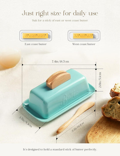 Butter Dish with Lid and Knife Ceramic Butter Holder for Counter Humanized Clamp-able Knife Handle Design, Perfect for East West Coast Butter, Skyblue