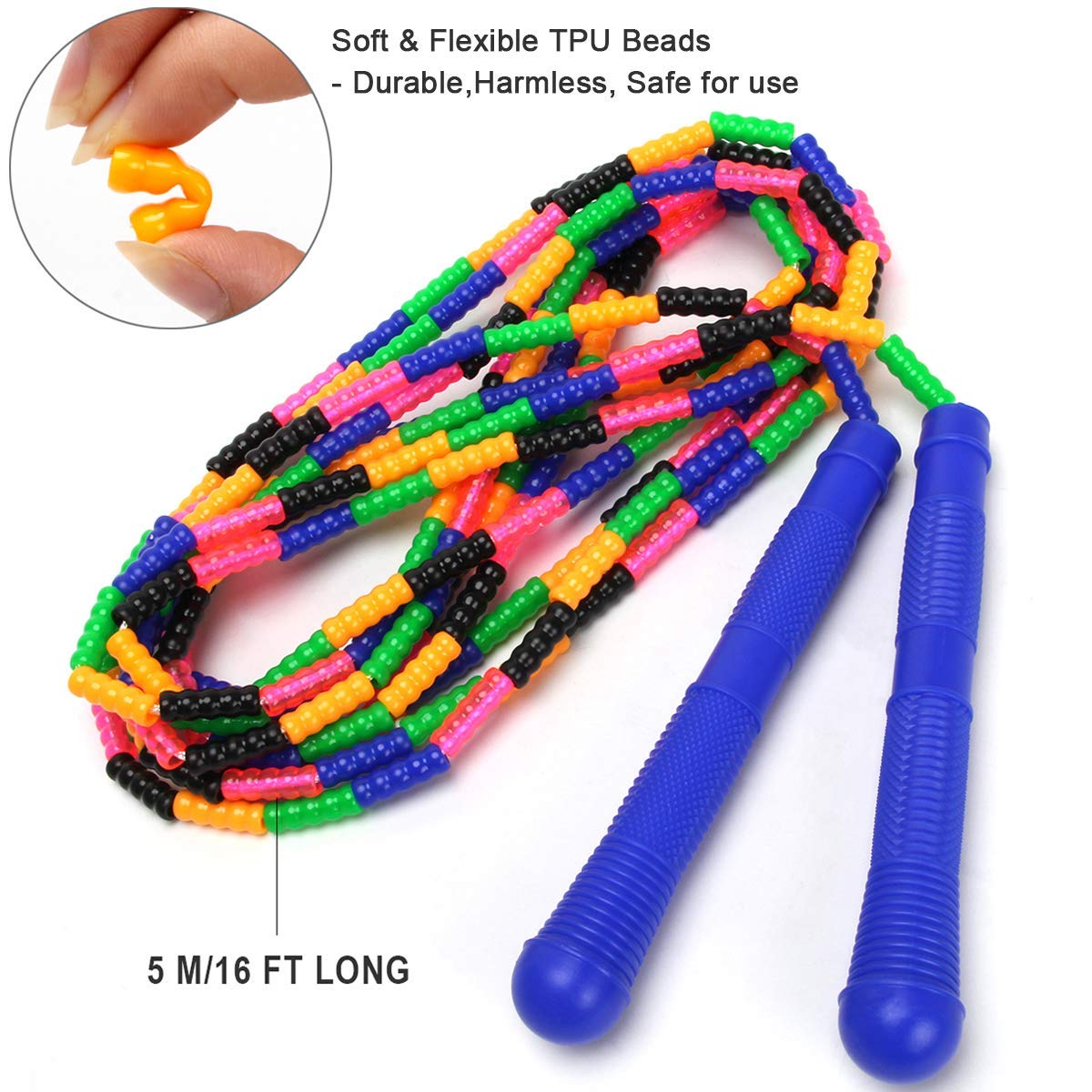Coolrunner 16 FT Long Jump Rope(2 PACK), Double Dutch Jump Ropes, Soft Beaded Skipping for Kids Adults, Plastic Segmented Long Enough for 4-5 Jumpers