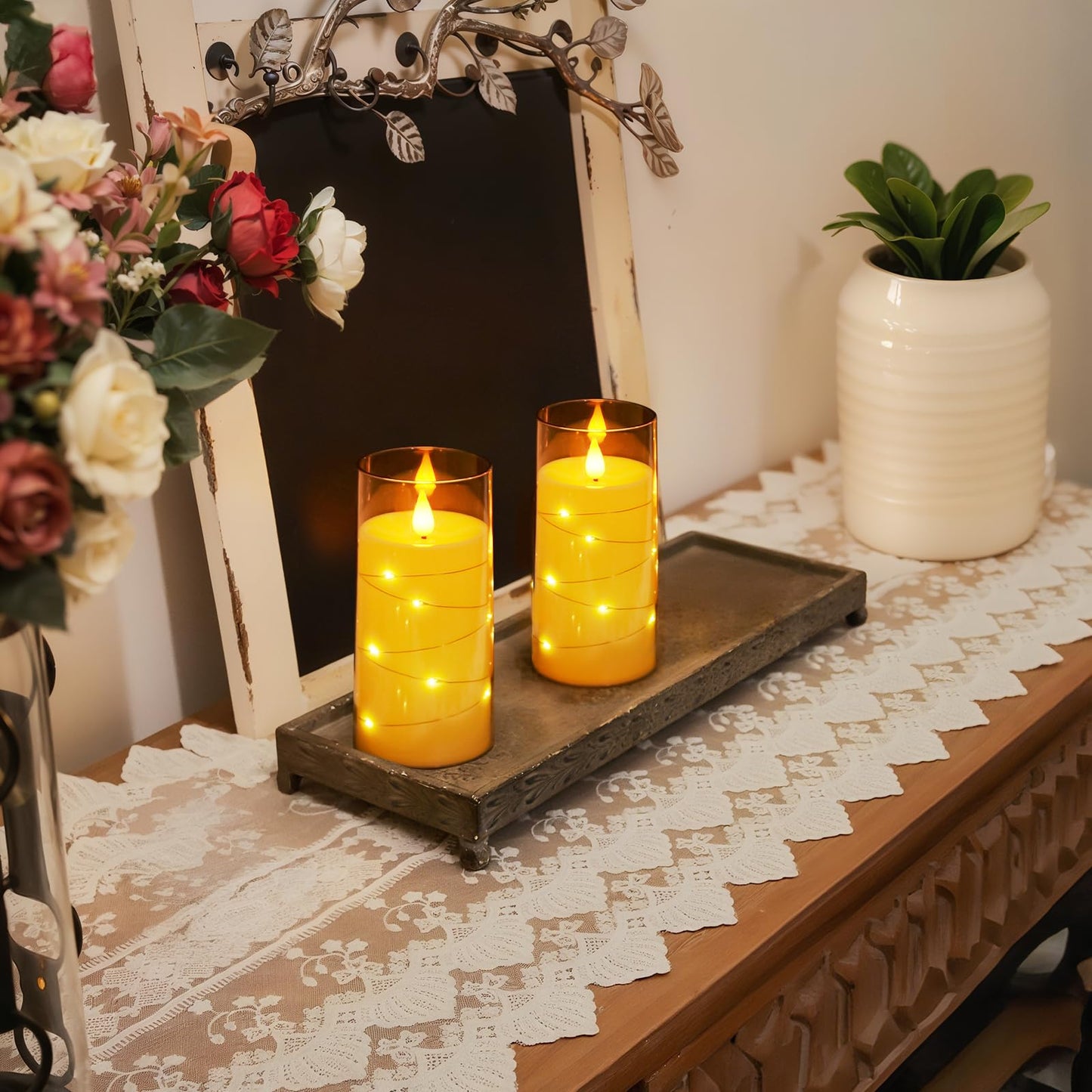 Homemory Flameless Candles with Embedded Star String Fairy Lights, Battery Operated Candles, LED Candle, Fake Candles with Remote Control and Timer, Gold, Set of 2(H 6" 6")
