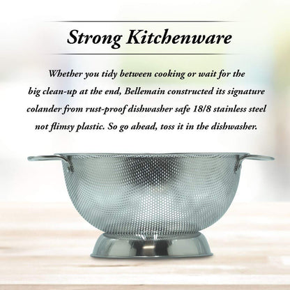 Bellemain 3 Qt Metal Colander with Handle | Pasta, Spaghetti, Berry, Fruit, Vegetable, Kitchen Food Strainer Basket | 18/8 Stainless Steel Colander Bowl | Pot Drainer for Cooking, Sifter Strainer