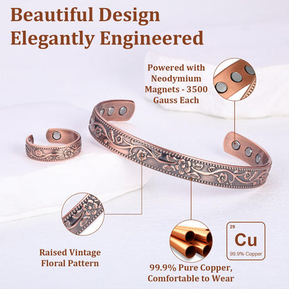 BioMag Copper Bracelet & Ring for Women, 99.99% Pure Copper Magnetic Bracelet Lymphatic Drainage Rings with 3500 Gauss Magnets, Adjustable & Flower Pattern