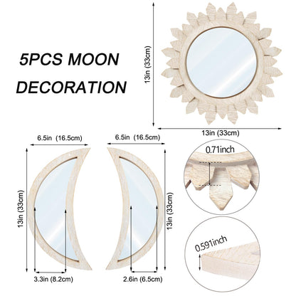 Cpcdaosk 5 Pieces Moon Phase Mirror Wall-Mounted Wall Decor Mirrors Natural Wooden Sunburst Bohemian Wall Art for Home Living Room Bedroom Decoration
