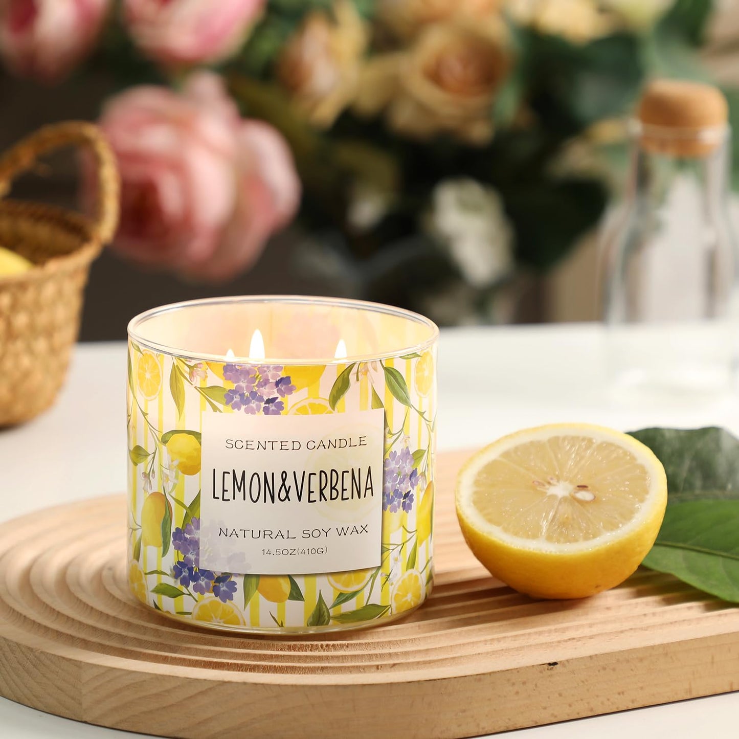 Lemon Candle, Lemon Verbena Scented Candle, Large 3 Wicks Candle, 14 oz