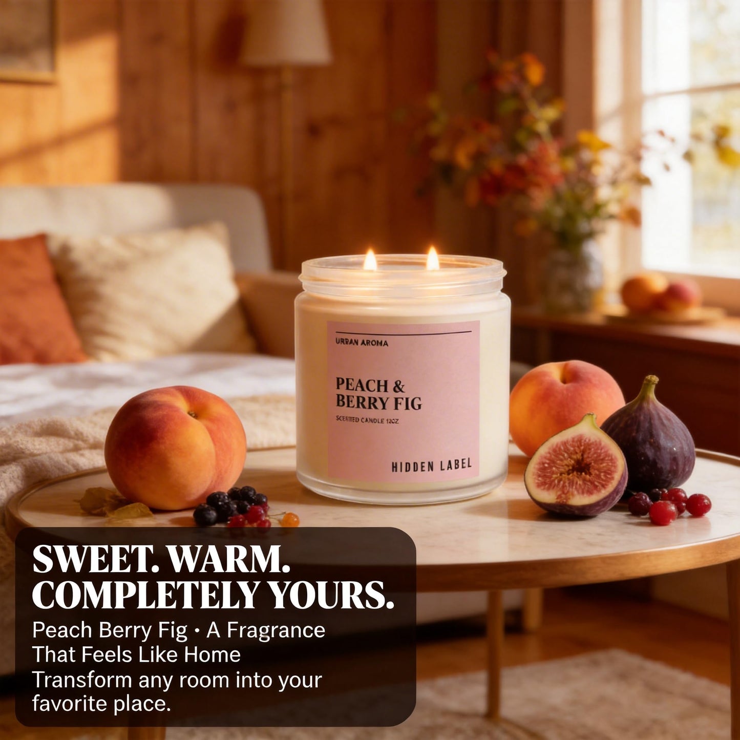 Peach Berry Fig Scented Candle, 12oz Soy Wax Candle with 2 Wicks, 70 Hour Long Lasting Non Toxic Aromatherapy Candle for Home Decor, Stress Relief & Relaxation, White Frosted Glass Jar Candle Gift