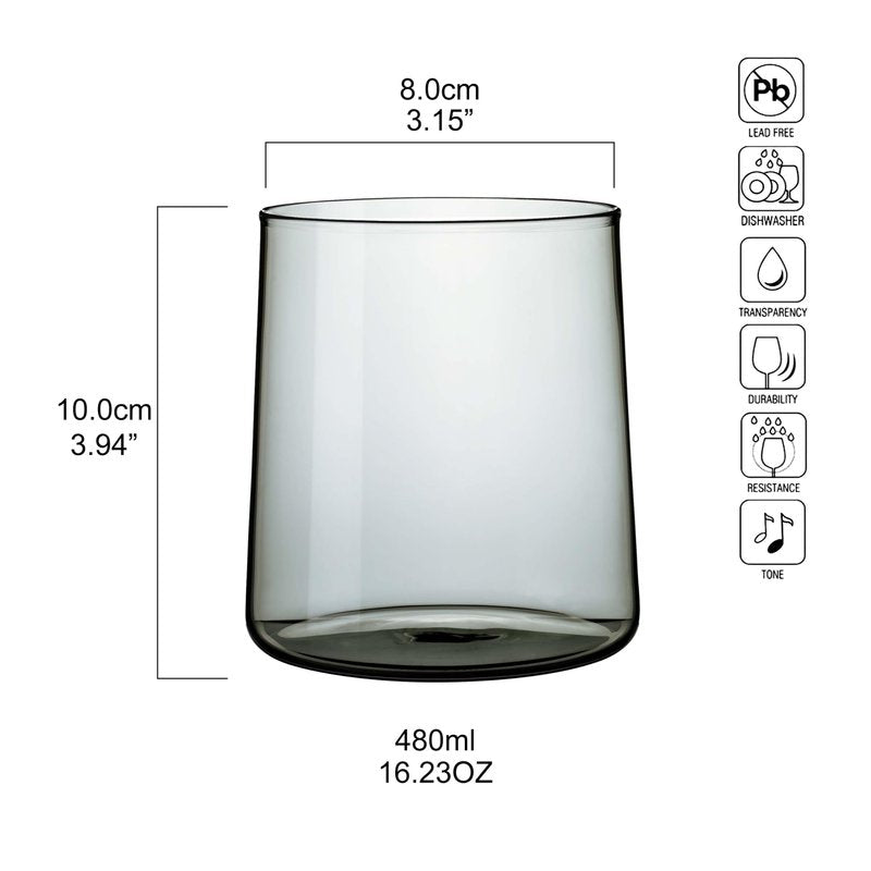 Joseph Sedgh Collection Smokey Grey Glass Tumbler Set of 4 – 16.5 oz Borosilicate Glassware – Durable, Lead-Free, Dishwasher Safe – Modern Grey Drinking Glasses for Home