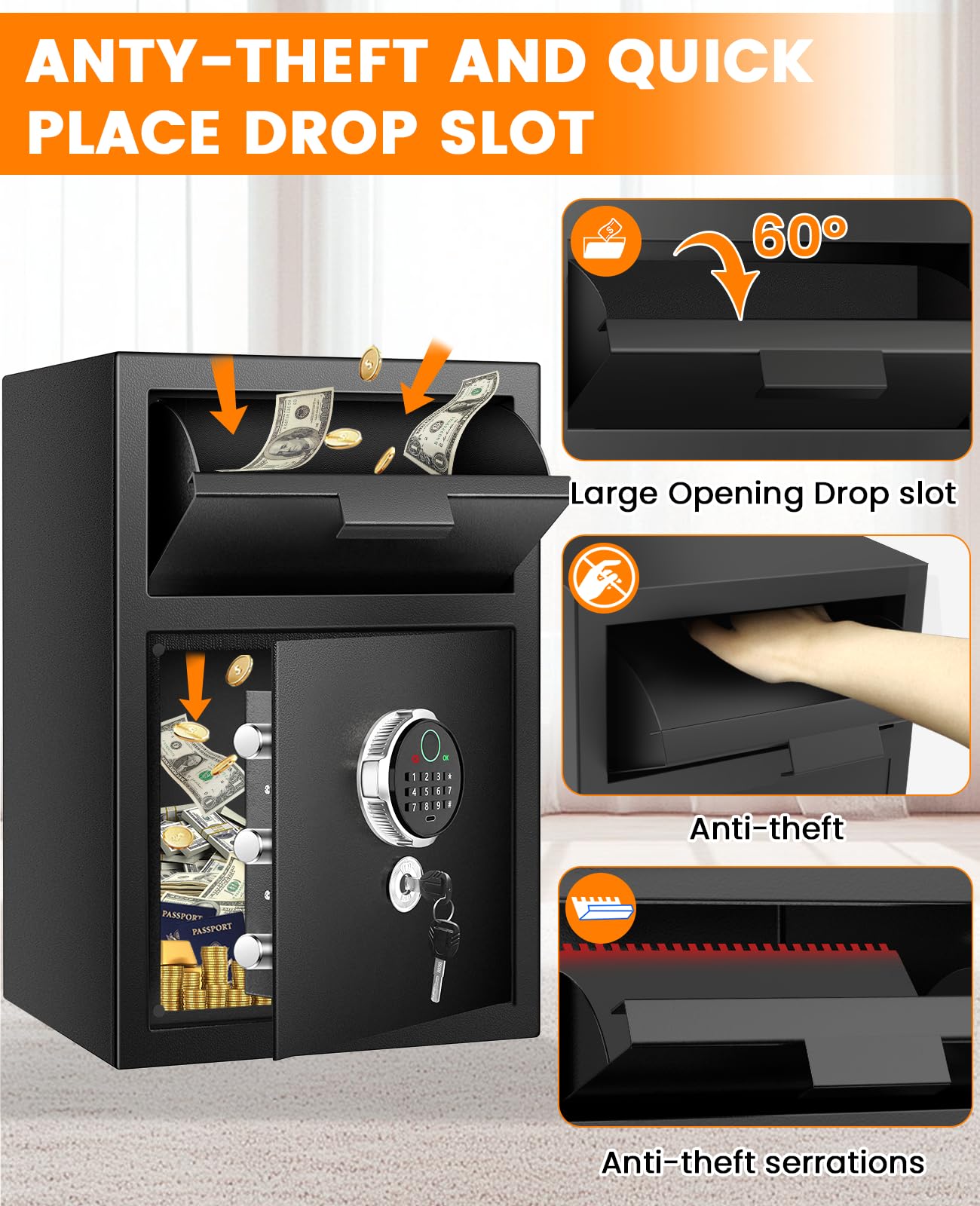 2.8 Cuft Biometric Drop Safe for Business, Anti-Theft Fingerprint Safe with Quick Place Drop Slot, Digital Keypad and Spare Key, Safe Box for Home Office Retail Store Business Mail Church
