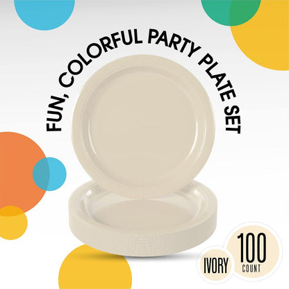 Exquisite Party Solids Ivory Paper Plates Disposable Heavy Duty 9 Inch Ivory Disposable Plates For Party 100 Pcs Heavy Duty 350 GSM, Birthday Supplies