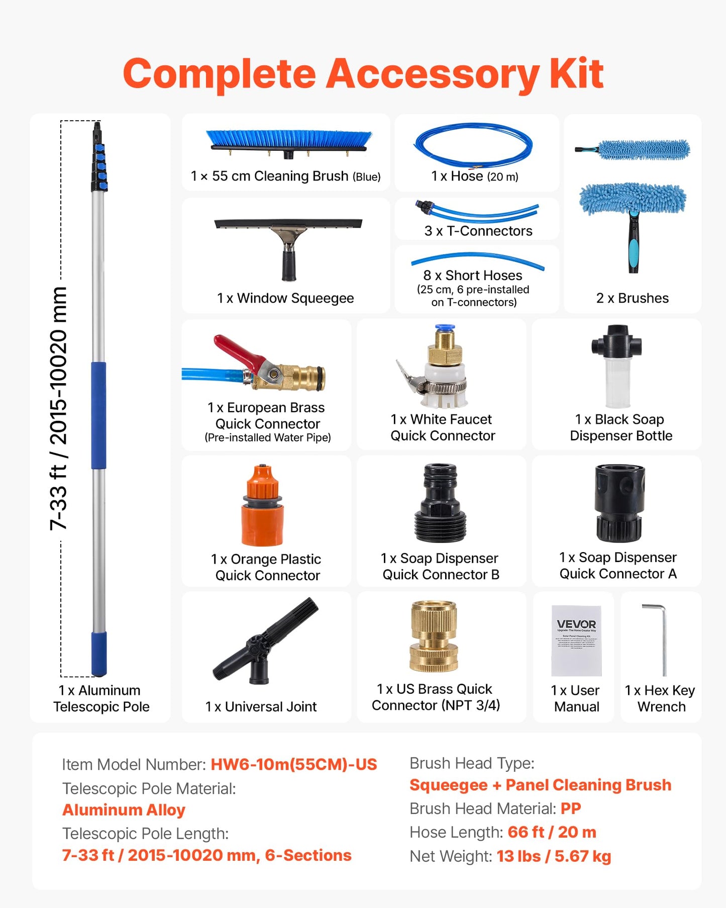 VEVOR Solar Panel Cleaning Kit, 33 ft, Water Fed Pole Kit with Cleaning Brush, Squeegee, Soap Dispenser, Extendable Aluminum Telescopic Pole, 180° Rotatable Brush Head, for Roof Mounted Solar Panels