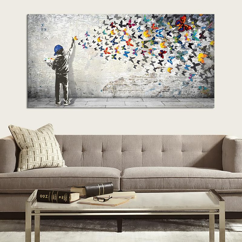 Home Decor Graffiti Canvas Wall Art for Living Room Boy Painting Butterflies Pictures Modern Street Graffiti Artwork Prints, Framed 48" x 24"