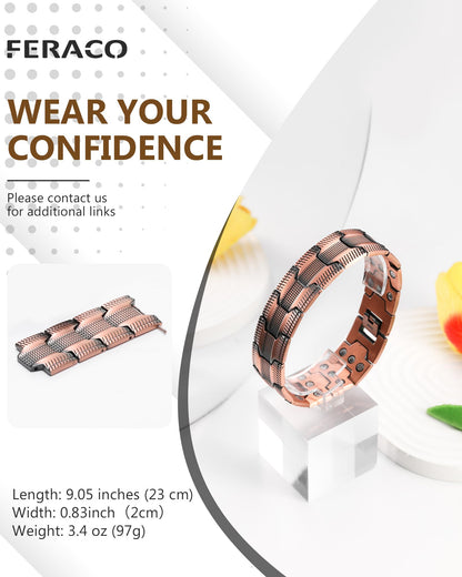 Feraco Copper Bracelet for Men, 3X Strength Magnetic Therapy Cooper Bracelet with Powerful 3800 Gauss Magnets,Copper Jewelry with Tyre-Carved Pattern