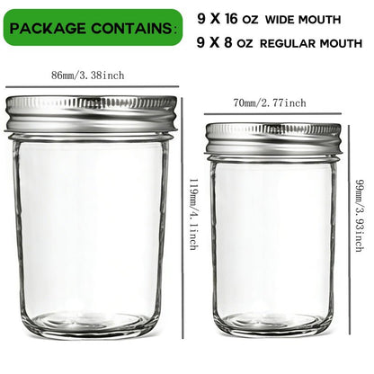 KISYONGUS 18 Pack Mason Jars, 16oz & 8oz Mason jars with Airtight Lids, Glass Canning Jars for Preserving, Jam, Kitchen Storage,Fermenting, Pickling, Freezing
