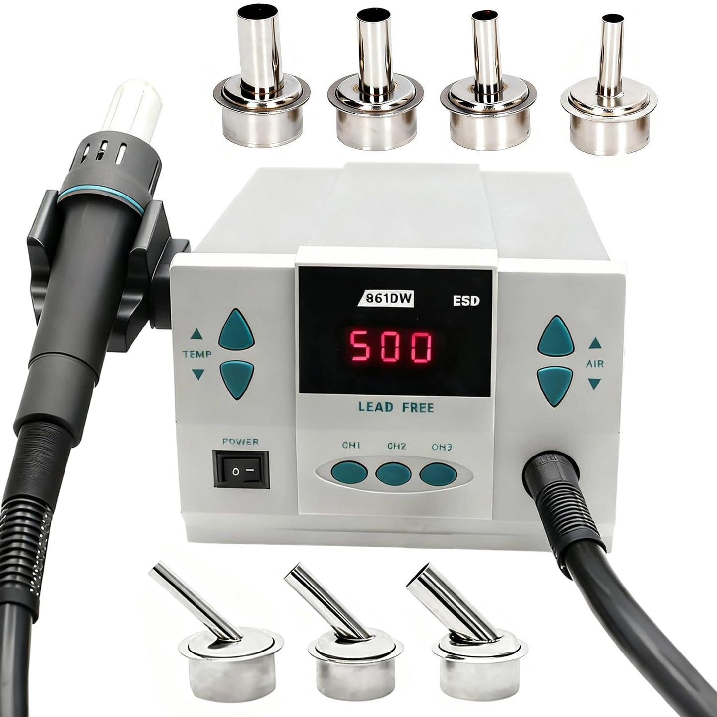 861DW Hot Air Rework Station,1000W Hot Air Station, 110V Desoldering Gun Hot Air Soldering Station Can Be Used for BGA Chip Soldering, Digital Maintenance (With 7 Nozzles)