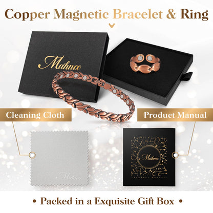 Copper Bracelets for Women Arthritis Lymph Detox Magnetic Bracelet, 100% Solid Pure Copper Bracelet with 3500 Gauss Magnets & Leaves Copper Ring with Adjustment Tool…
