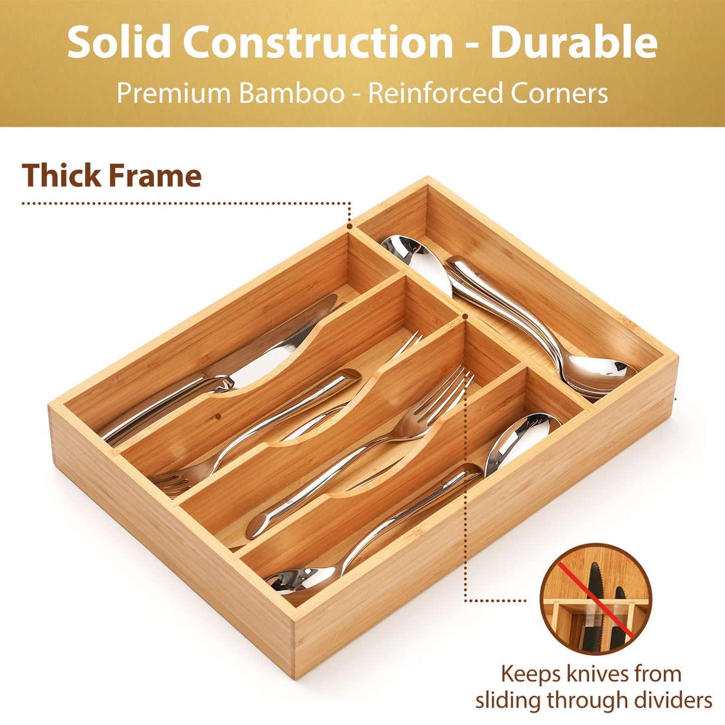 Umilife Bamboo Kitchen Drawer Organizer, 13 Inch Silverware Utensil Tray Holder, Extra Deep Grooved Drawer Divider, 7 Slots Total Bamboo Wood Caddy for Flatware Cutlery Knives, Forks, Spoons