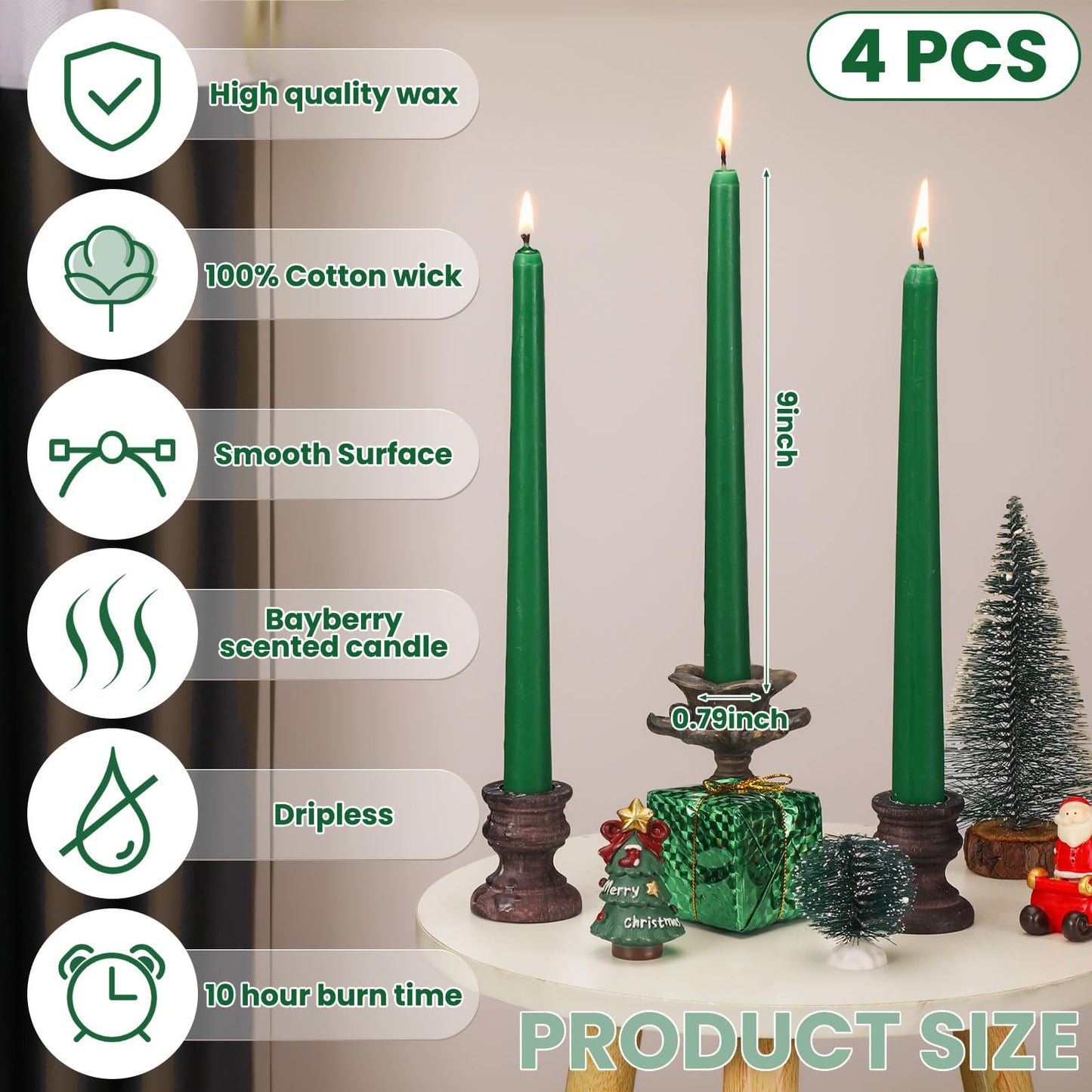 Conelist 4 Pcs 9 Inch Christmas Bayberry Scented Tapers Candles - Green Bayberry Legend Dripless Beewax Candle Sticks with Cotton Wick - Gift for Christmas Holiday Celebration