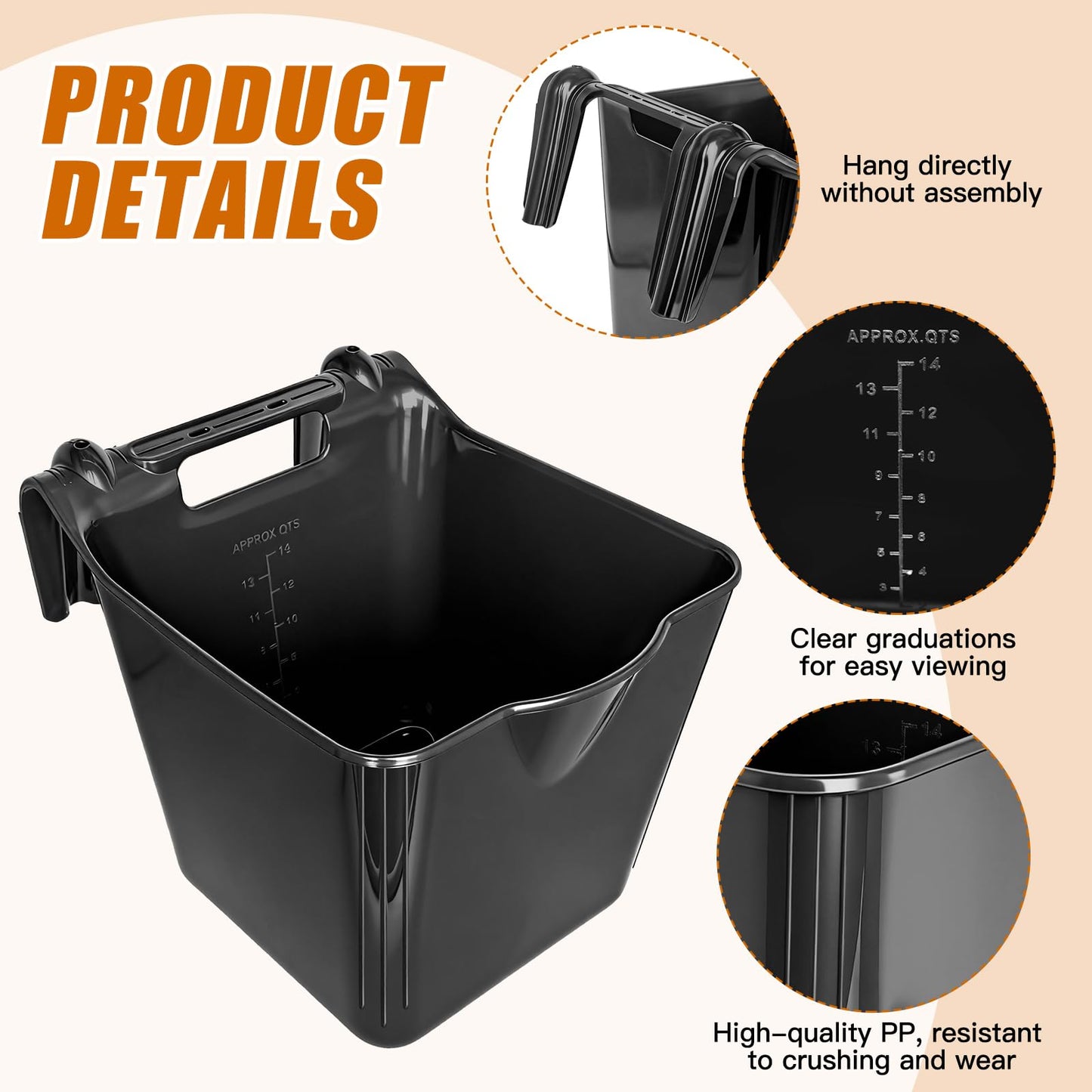 MIYABALA Horse Feed Bucket,15 Quart Plastic Hook Over Horse Feeder for Easy Hanging,Mountable Heavy Duty Livestock Feeders for Horses Sheep Cattle Cows (6)