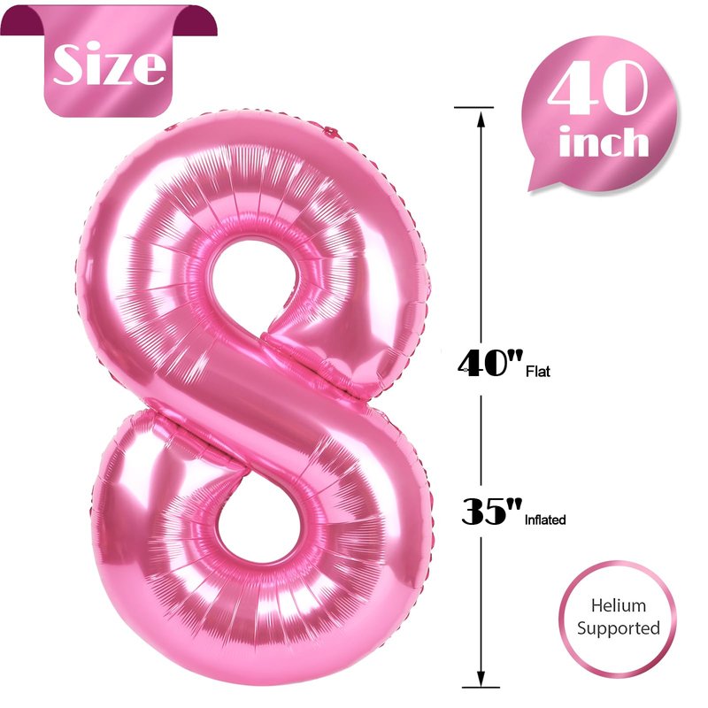 Pink 8 Balloon, Number Balloons 40 Inch, 8th Birthday Decorations for Girls, Birthday Balloons, Pink Party Supplies, Number 8 Balloon