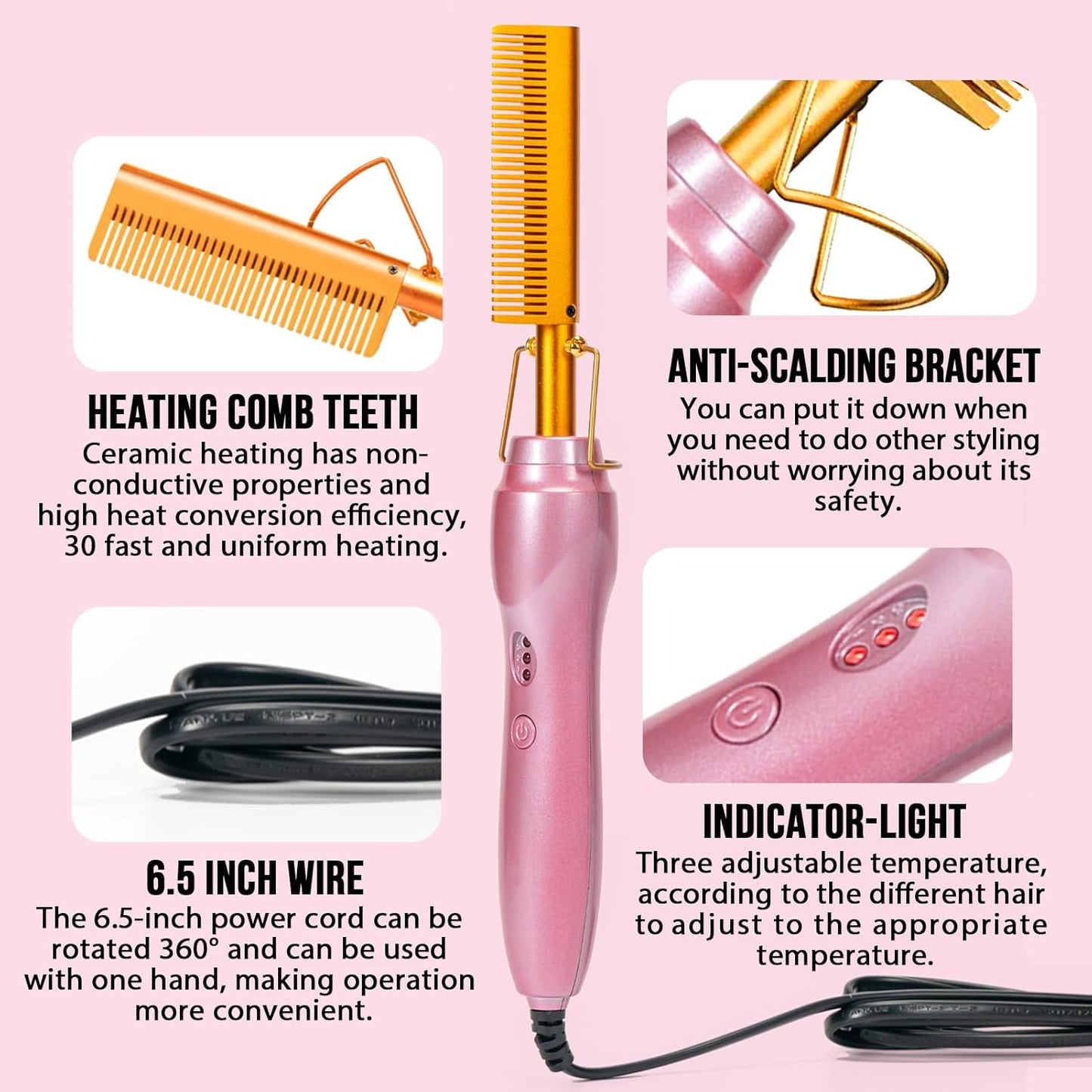 Electric Hot Comb Hair Straightener Heat Pressing Combs Ceramic Curling Flat Iron Curler, Hot Comb Electric for Wigs Electrical Straightening Comb Curling Iron for Natural Hair with Anti-Scald Case