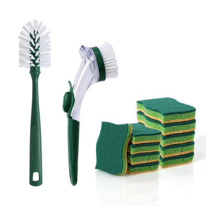 CLEANHOME Kitchen Cleaning Tool Set - 3-Pack Dish Scrub Brush Kit with 10PCS Non-Scratch Scrub Sponges, Bottle Brush & Pot Scrubber, Safe for Cookware, Bathroom & Nonstick Surfaces