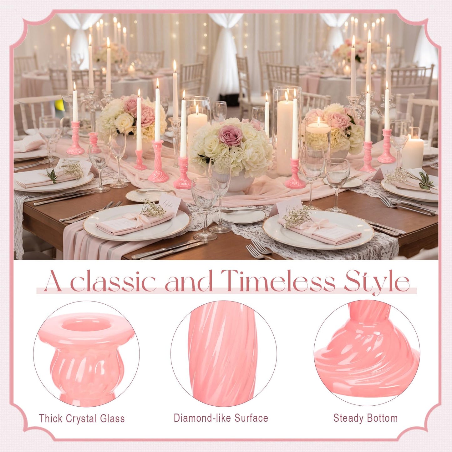 Mumufy 10 Pcs Glass Crystal Taper Candle Holders Clear Glass Candlestick Holder Fit 0.8 Inch Candles Crystal Decorative Candle Stand Centerpiece Table Wedding Dining Party (Classic,Cream Pink)