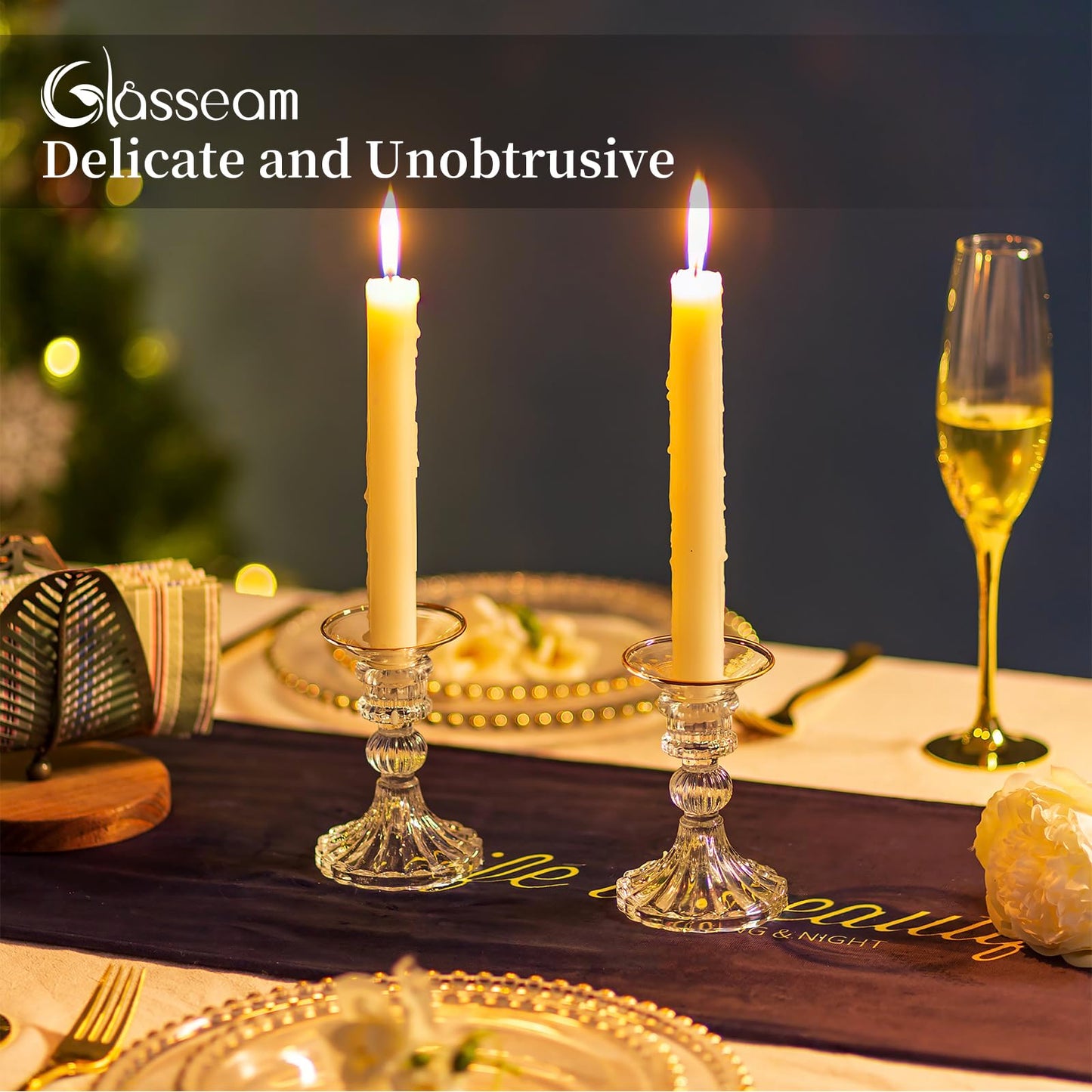 Glasseam Candle Drip Protectors for Candle Stick Candle Holder, Gold Rim Glass Bobeches for Candlesticks Set of 12, Round Wax Catchers for Candles, Taper Candle Holders for Table Centerpiece Wedding