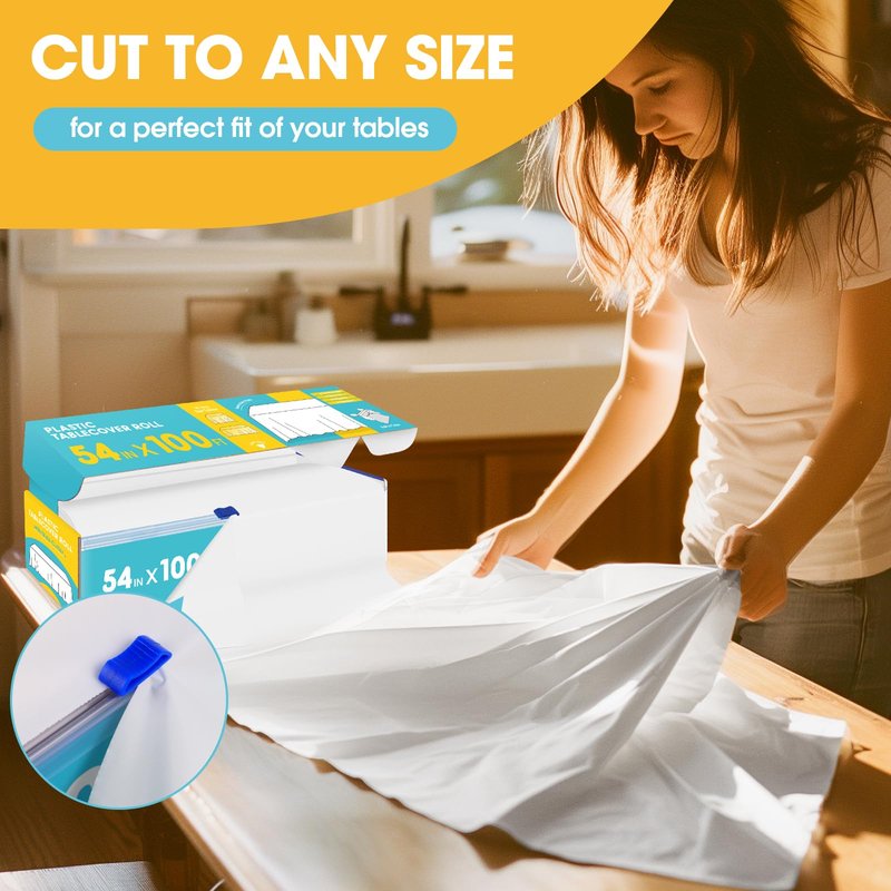 Niuara White Plastic Table Cover Roll - 54IN x 100FT, Table Cloth for Rectangle Table with Slide Cutter, Plastic Table Cloth Disposable with Cut-to-Size Design for Weddings, Banquets, Parties