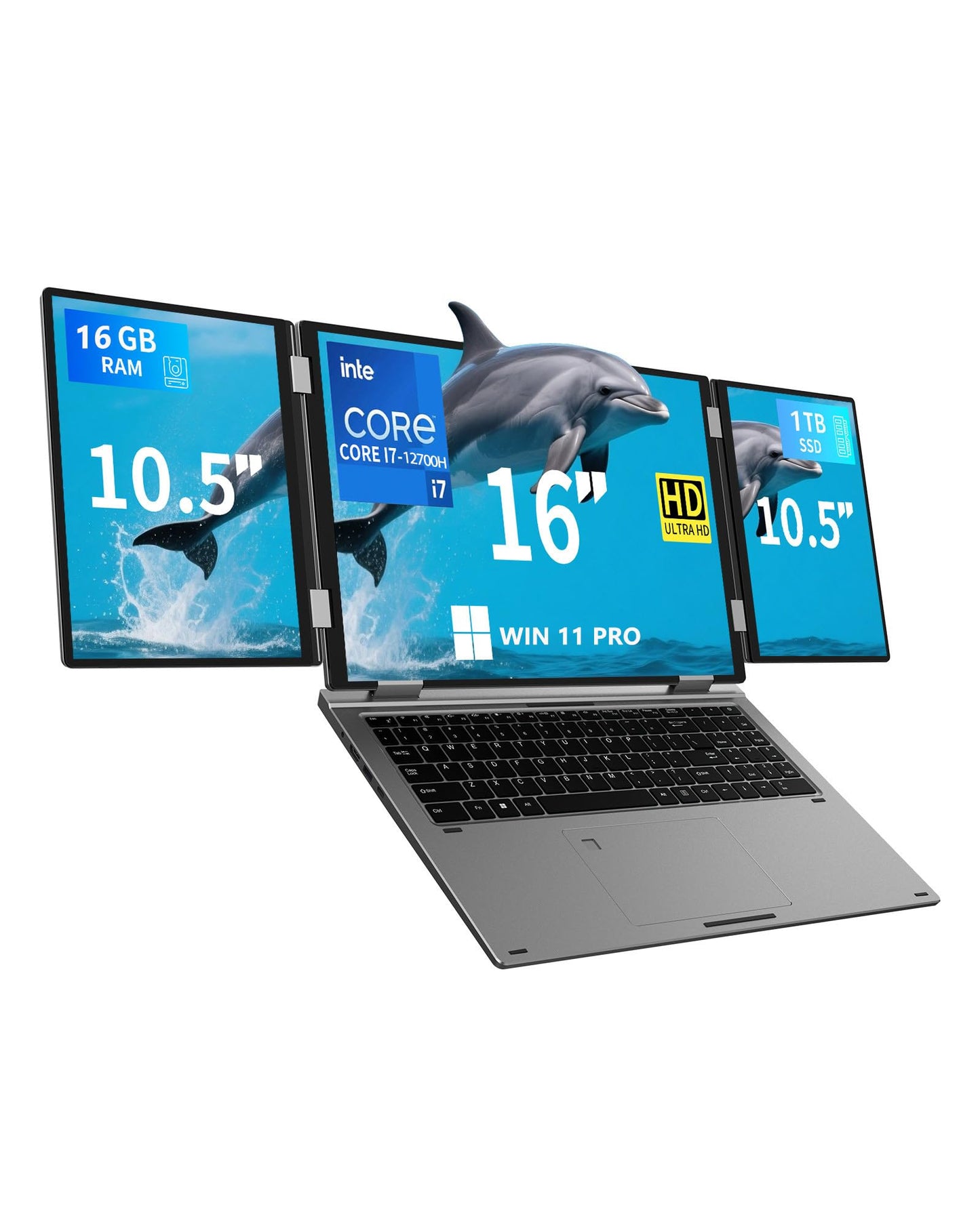 KOOFORWAY Triple Screen Laptop, 16" Main + Dual 10.5" Monitors, Core i7-12700H, 32GB RAM, 2TB SSD, Win 11 Pro, Wi-Fi 5, BT 5.0, Face & Fingerprint Unlock, USB-C, HDMI (16GB RAM + 1TB SSD)