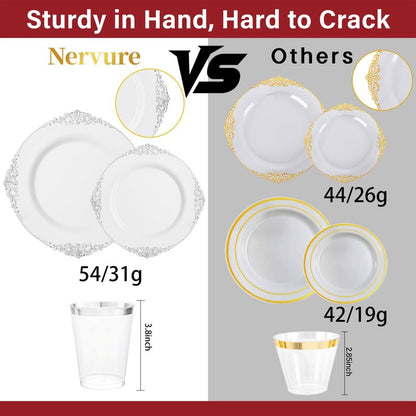 Nervure 350PCS Silver Plastic Plates - Silver Plastic Dinnerware Sets for 50 Guests - 100 Disposable Plates, 150 Silverware, 50 Cups, 50 Napkins for Wedding & Party