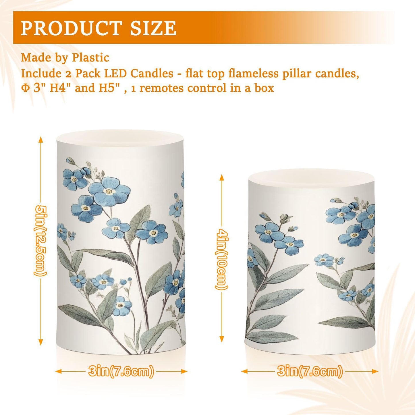 WEVIBOFU Blue Flowers Leaves Painting Flickering Flameless Candles LED Battery Operated with Remote Timer Pillar Candles for Home Birthday Wedding Christmas Decor, Set of 2