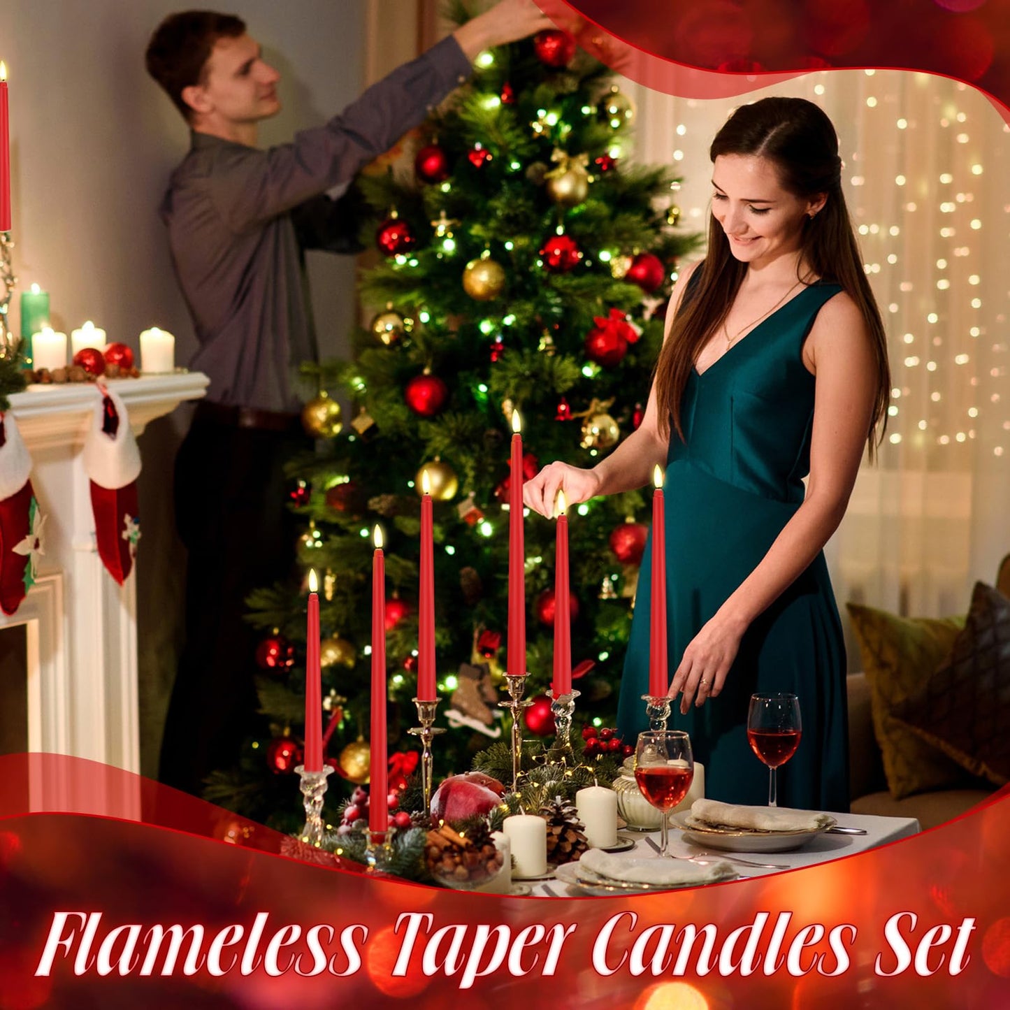 Rossesay 24 Pcs Flameless LED Taper Candles Battery Operated Candle 8.5", 9.65", 10.8", 12.8" Flameless Candlesticks Flickering for Christmas Church Wedding Indoor Decoration(Classic, Red)