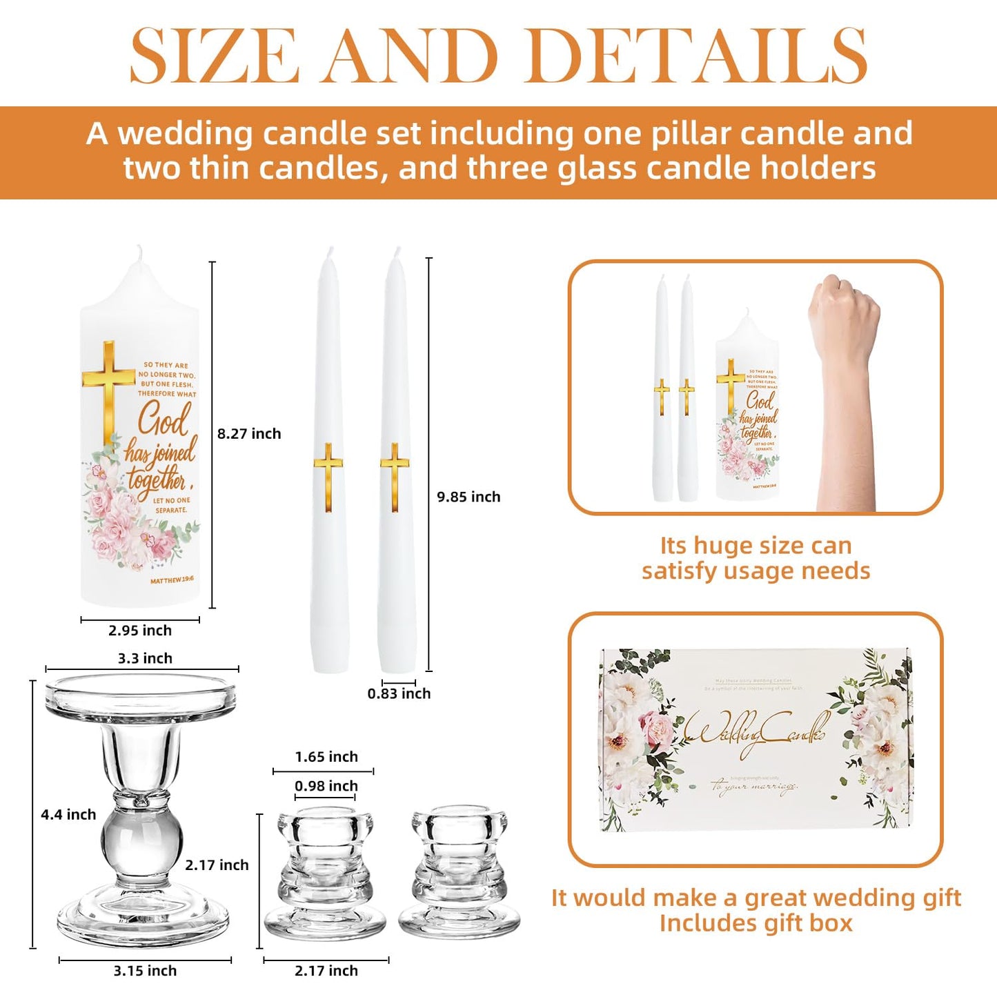 Musgsfbbs Wedding Candles for Ceremony with Glass Holders, Unity Wedding Candle Set with Matthew 19:6 & Gold Cross, Floral Pillar Candles for Catholic Wedding, Anniversary & Vow Renewal