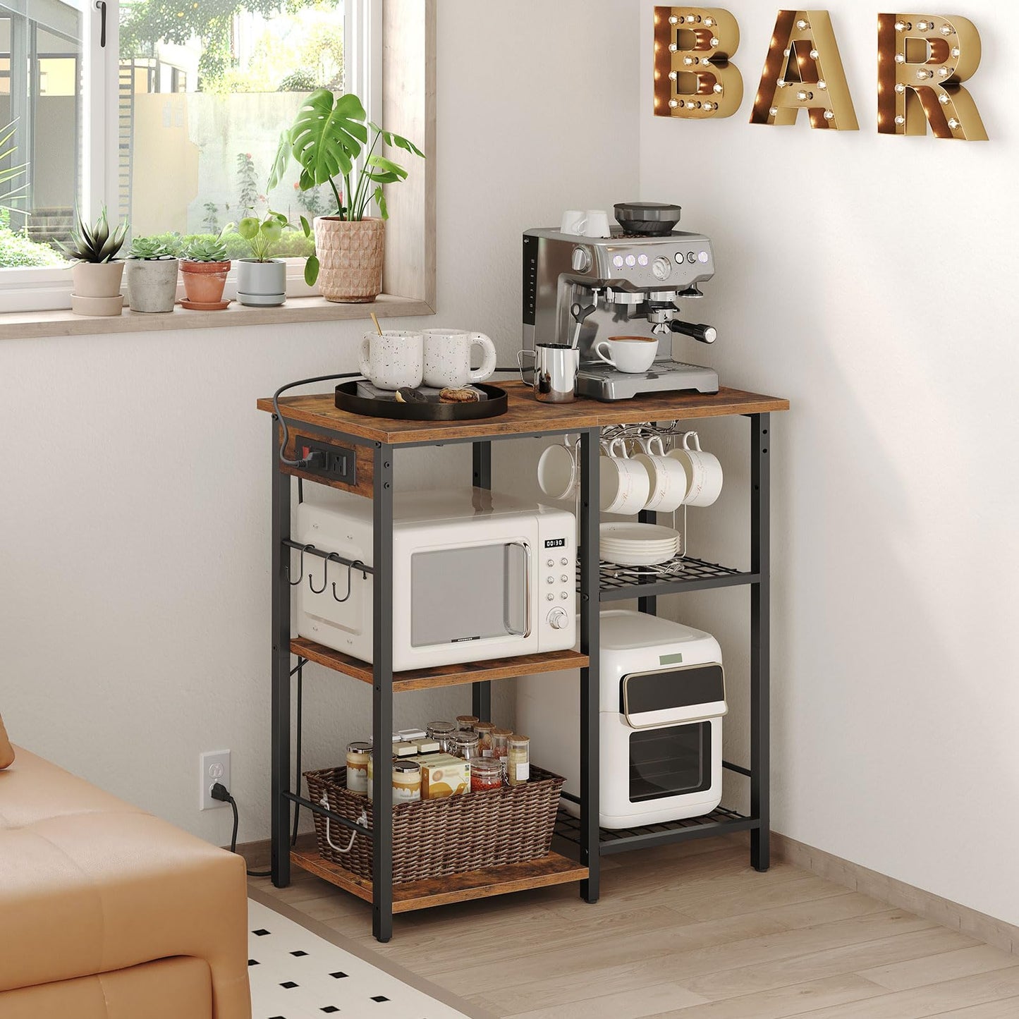 MAHANCRIS Bakers Rack with Power Outlet, Microwave Stand with Adjustable Mesh Rack, Coffee Bar Station, Kitchen Storage Racks with 6 S Hooks, for Kitchen, Dining Room, Rustic Brown and Black BRHR80E01
