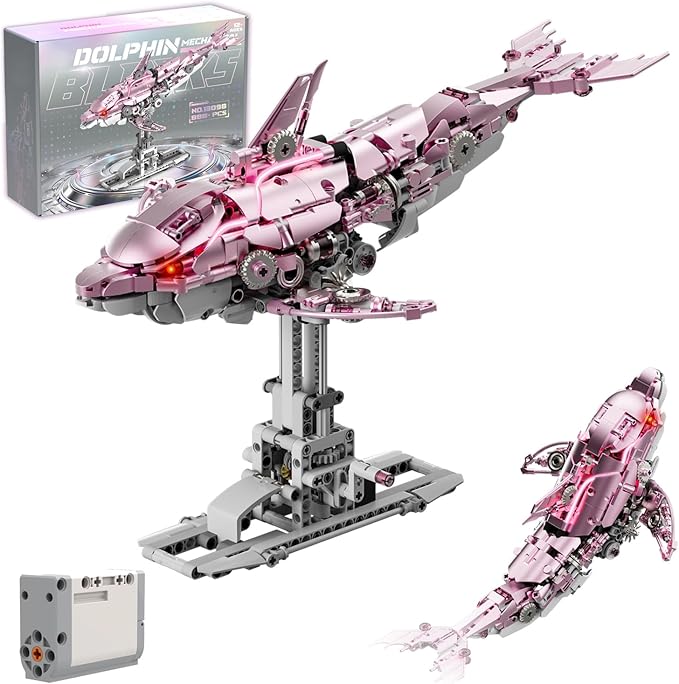 Mechanical Pink Dolphin Building Blocks Linkage Kit Sea Animal Model with Lighting Display Stand STEM Power Toy DIY Desktop Ornament for Kids &amp Adults Ages 12+ Birthday Gift Idea 888pcs