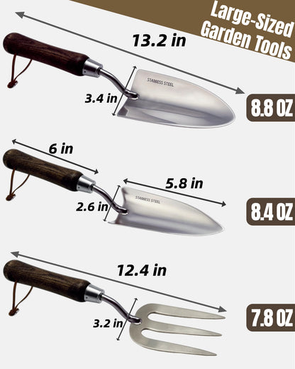 Garden Tool Set, 6PCS Heavy Duty Stainless Steel Gardening Hand Tools with Ropes, Includes Hand Cultivator Shovel Trowel Transplanter 2-in-1 Hoe Pruner Ideal Gardening Gifts for Women Men (Upgrade)