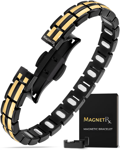 MagnetRX® Magnetic Bracelets for Women - EllipseMAX 5X Strength 5,000 Gauss Magnets - Designed in USA & PATENT PENDING - Premium Titanium Womens Magnetic Bracelet & Adjustable Length (Black/Gold)