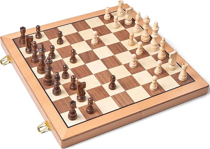AMEROUS Magnetic Wooden Chess Set 15 Inches Handmade Wooden Folding Travel Chess Board Game Sets with Chessmen Storage Slots for Kids and Adults 2 Bonus Extra Queens Gift Box Packed